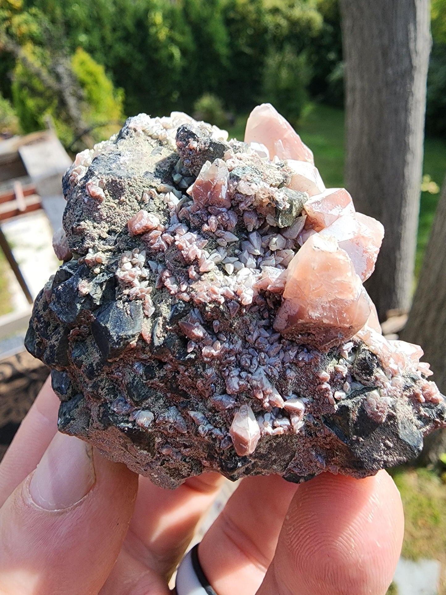 Calcite with Red Hematite on Galena from Mexico