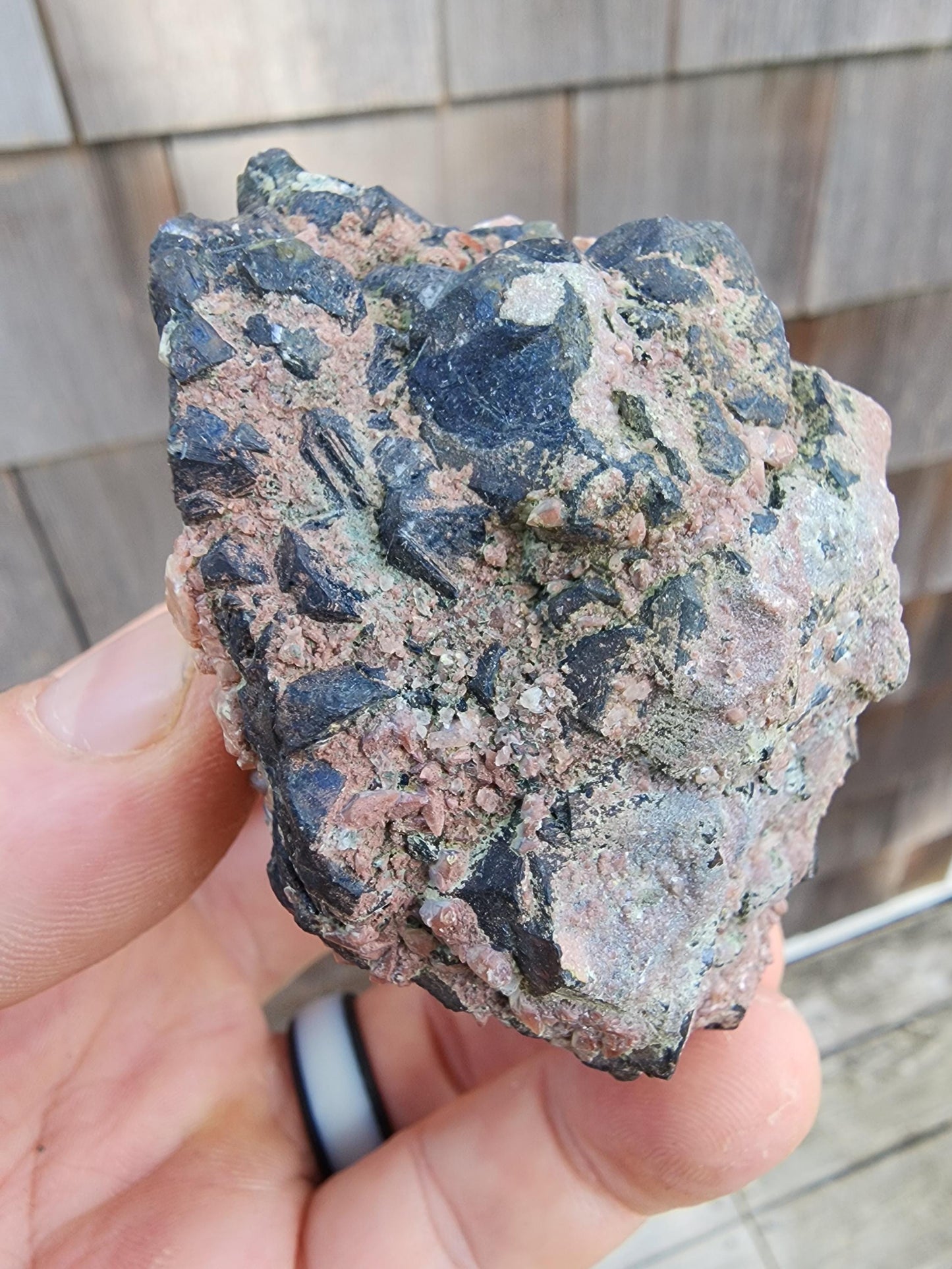 Calcite with Red Hematite on Galena from Mexico