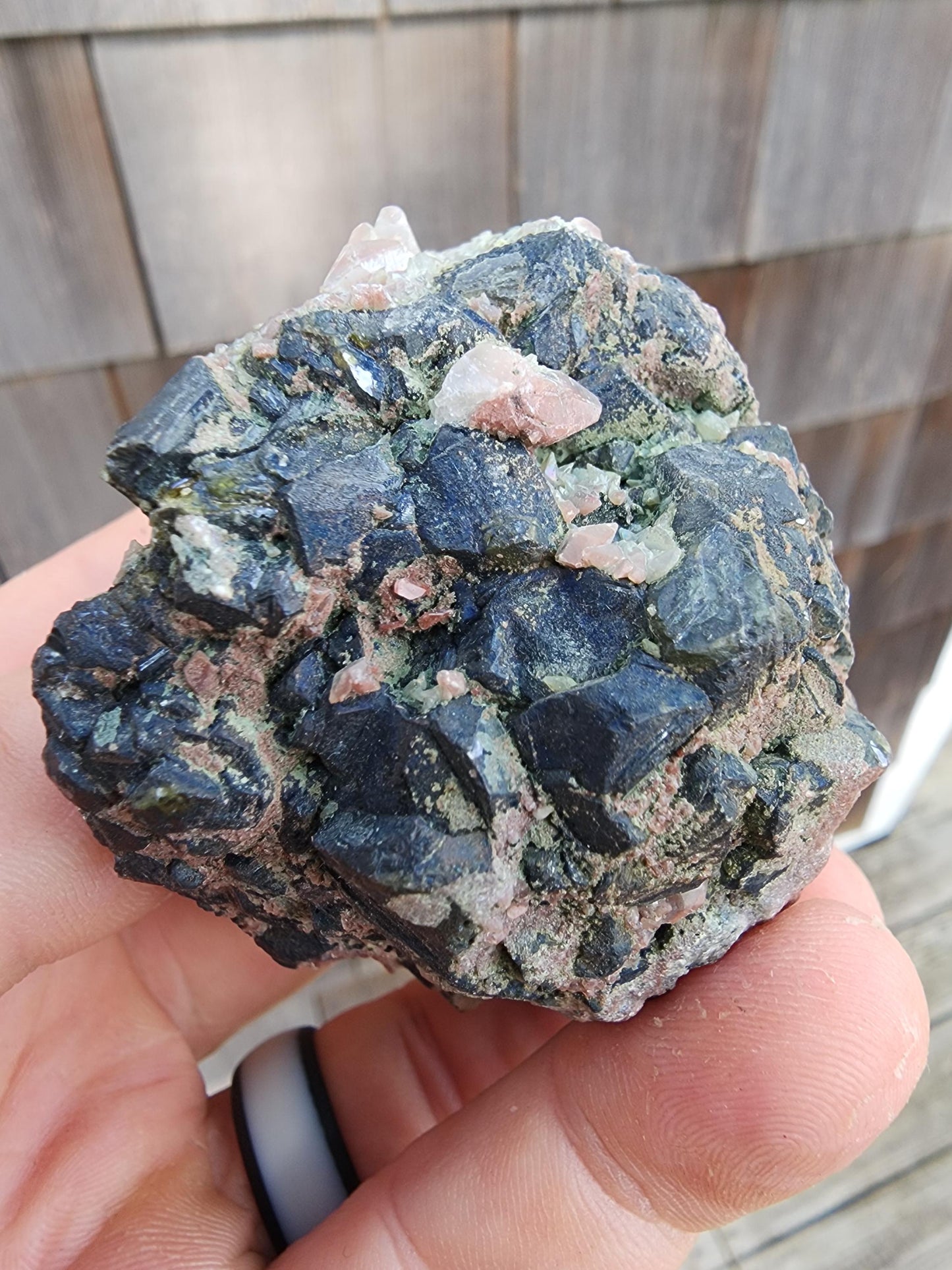 Calcite with Red Hematite on Galena from Mexico