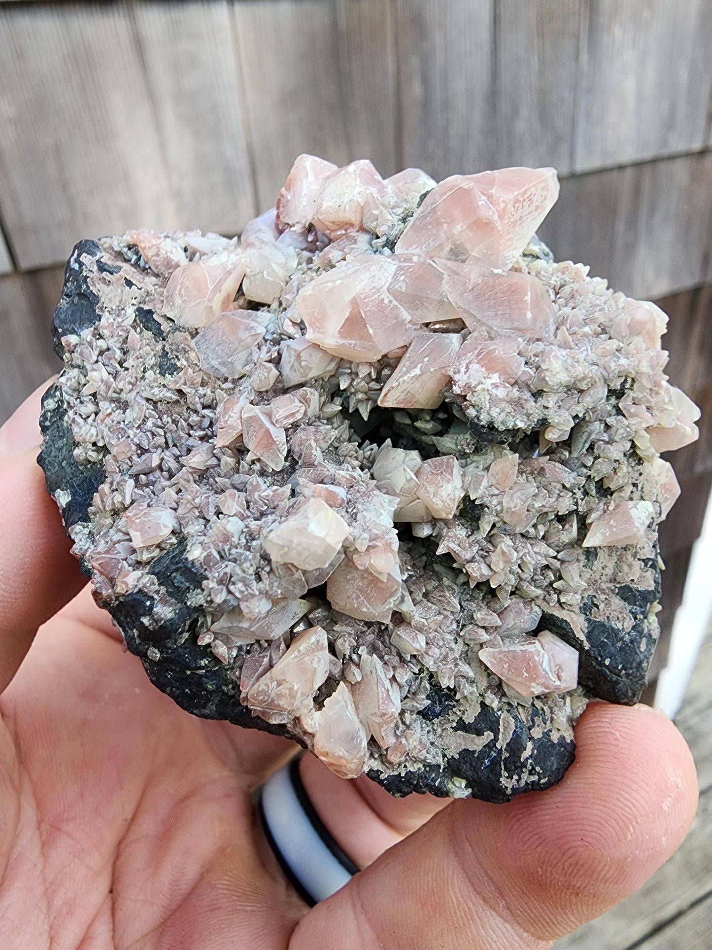 Calcite with Red Hematite on Galena from Mexico