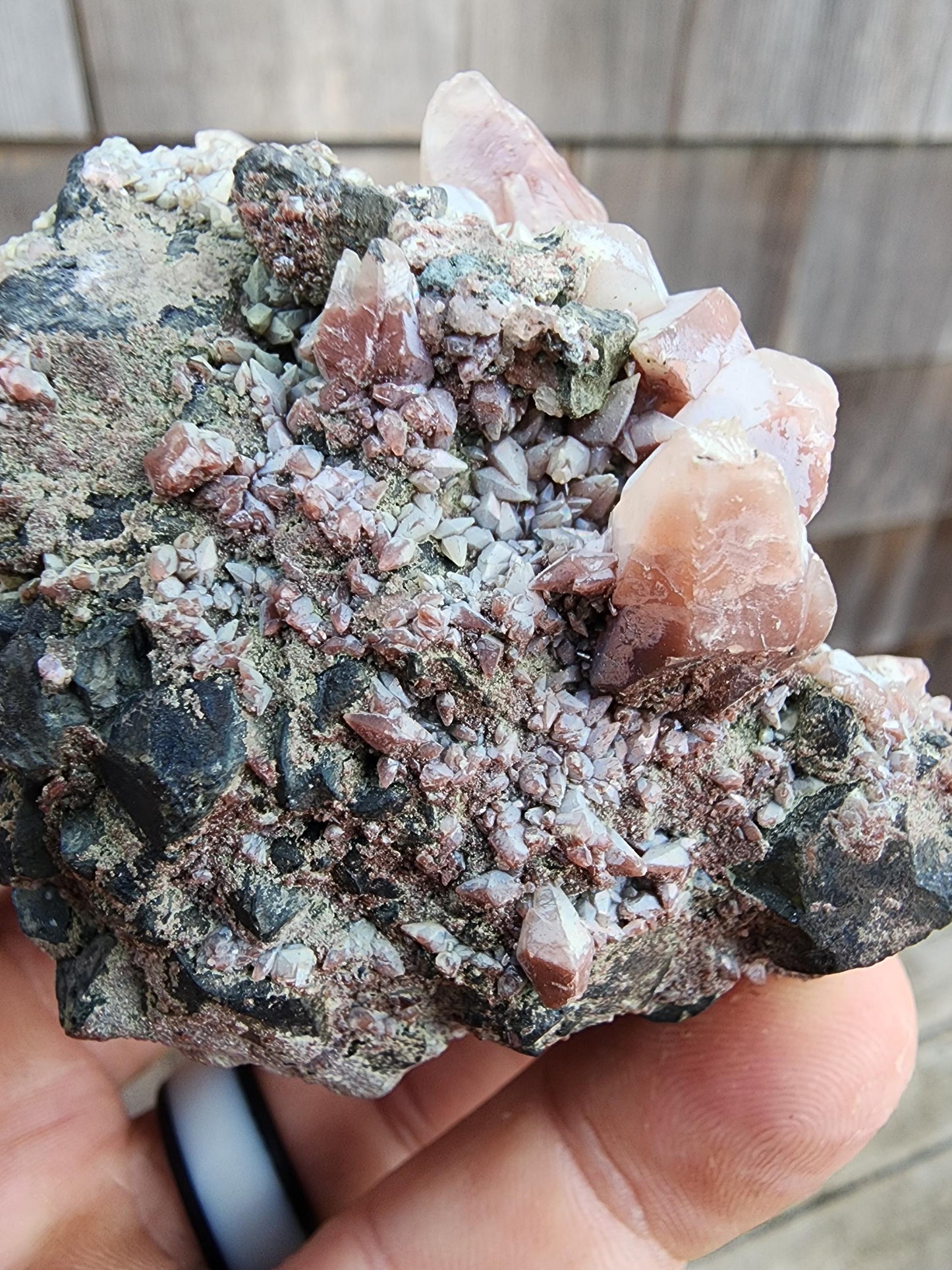 Calcite with Red Hematite on Galena from Mexico