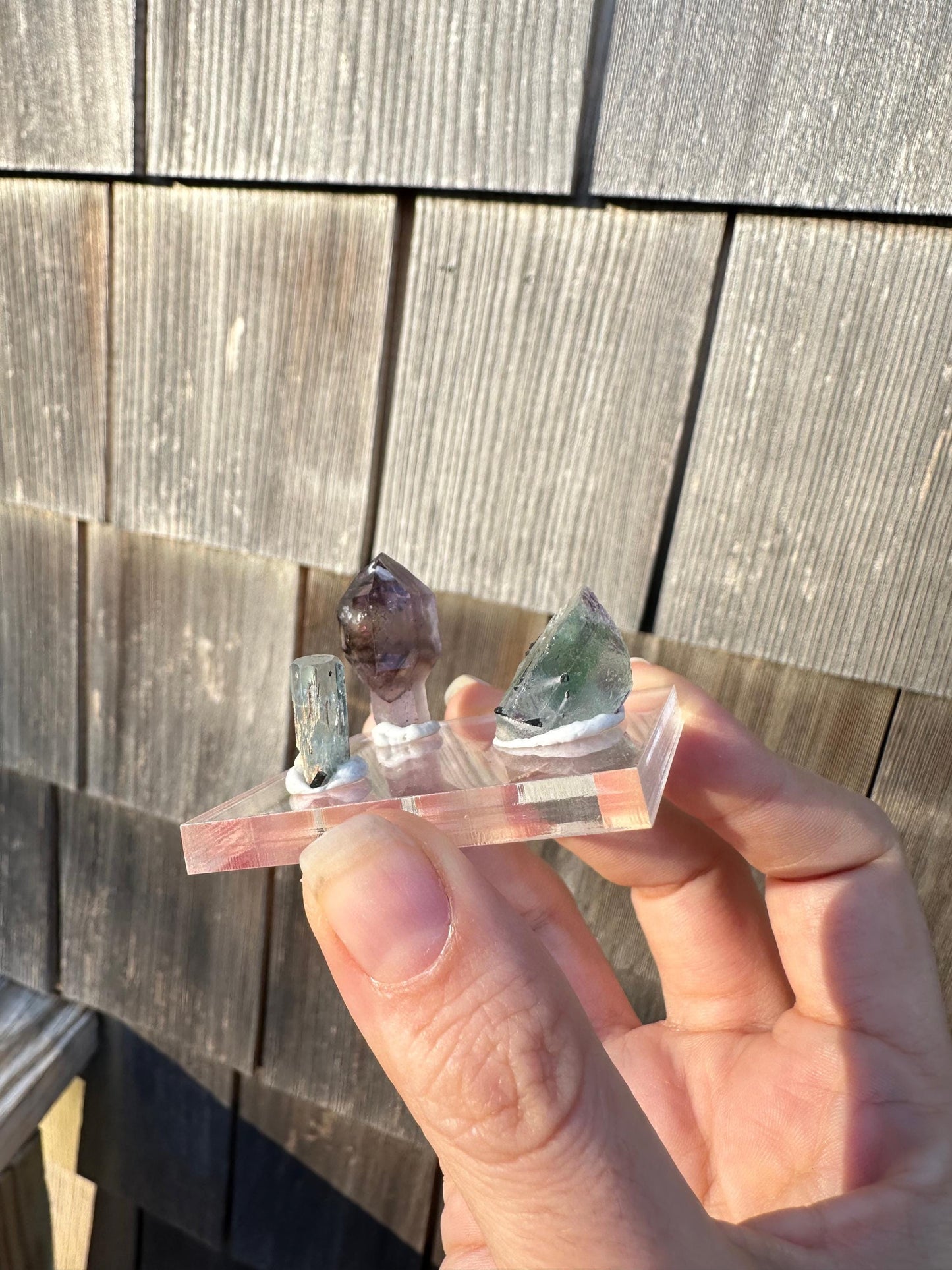Amethyst, Fluorite, and Aquamarine Crystal Trio from Erongo, Namibia
