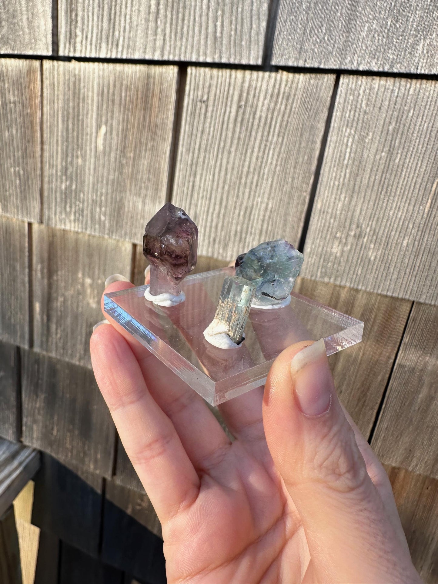 Amethyst, Fluorite, and Aquamarine Crystal Trio from Erongo, Namibia