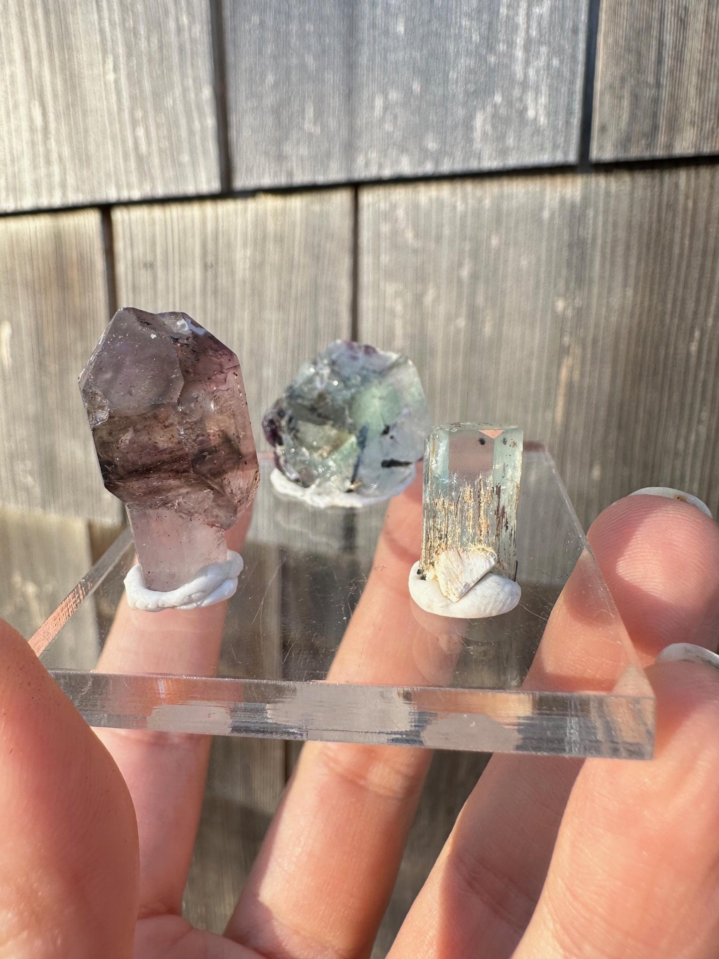 Amethyst, Fluorite, and Aquamarine Crystal Trio from Erongo, Namibia
