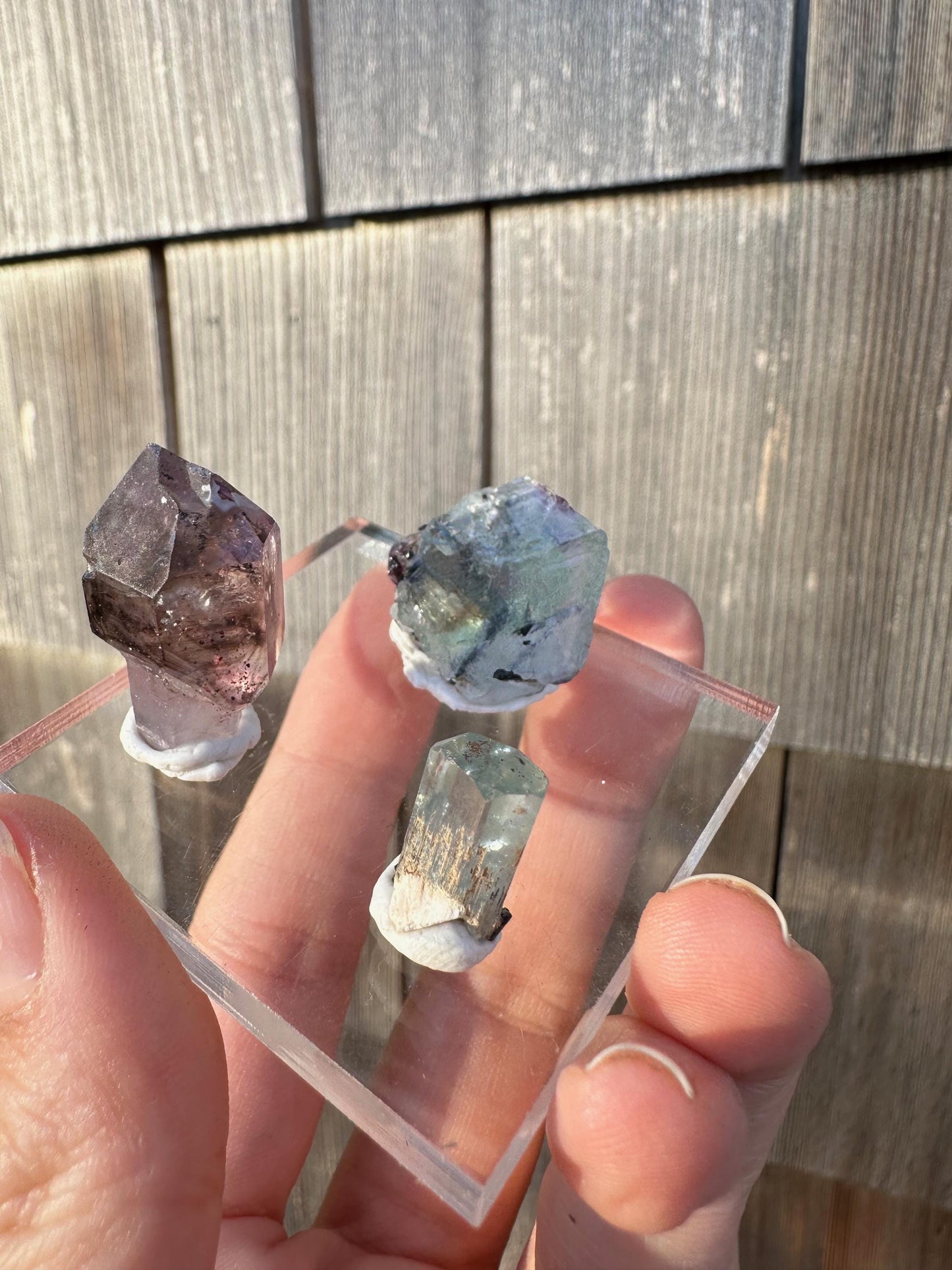 Amethyst, Fluorite, and Aquamarine Crystal Trio from Erongo, Namibia