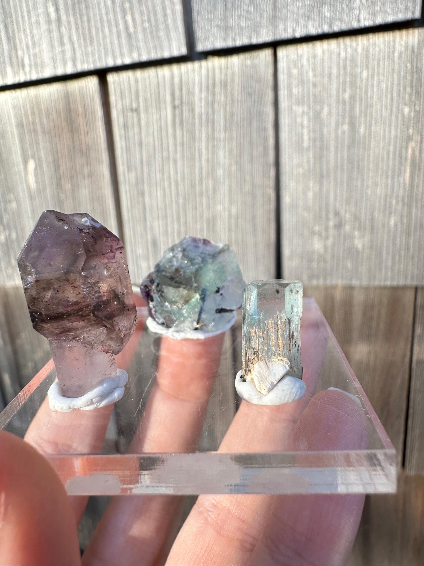 Amethyst, Fluorite, and Aquamarine Crystal Trio from Erongo, Namibia