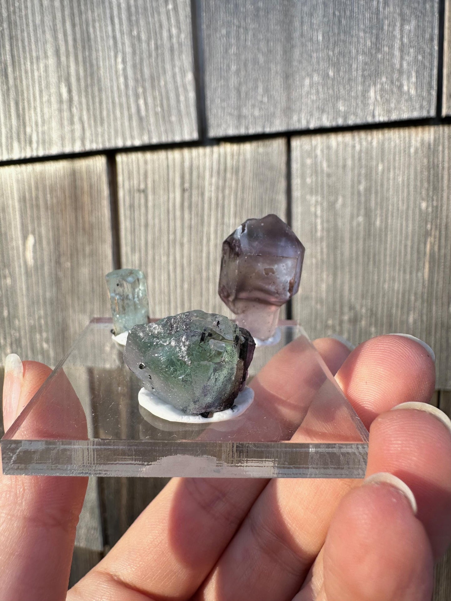 Amethyst, Fluorite, and Aquamarine Crystal Trio from Erongo, Namibia
