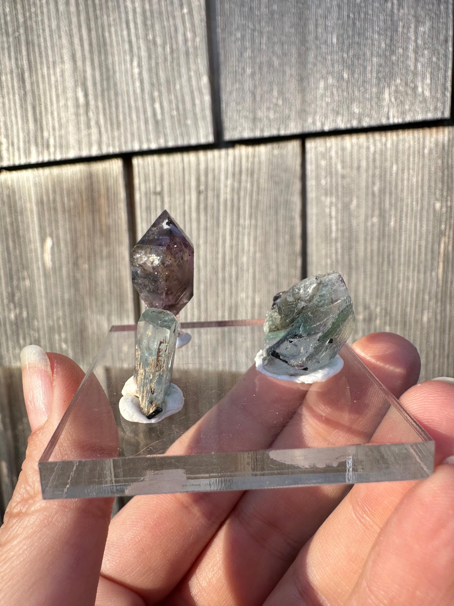 Amethyst, Fluorite, and Aquamarine Crystal Trio from Erongo, Namibia