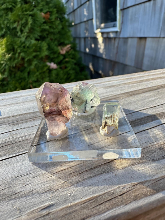 Amethyst, Fluorite, and Aquamarine Crystal Trio from Erongo, Namibia