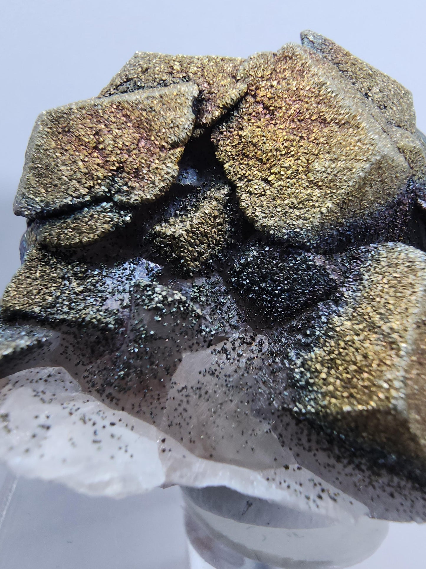 Iridescent Chalcopyrite on Calcite Crystal Cluster from China