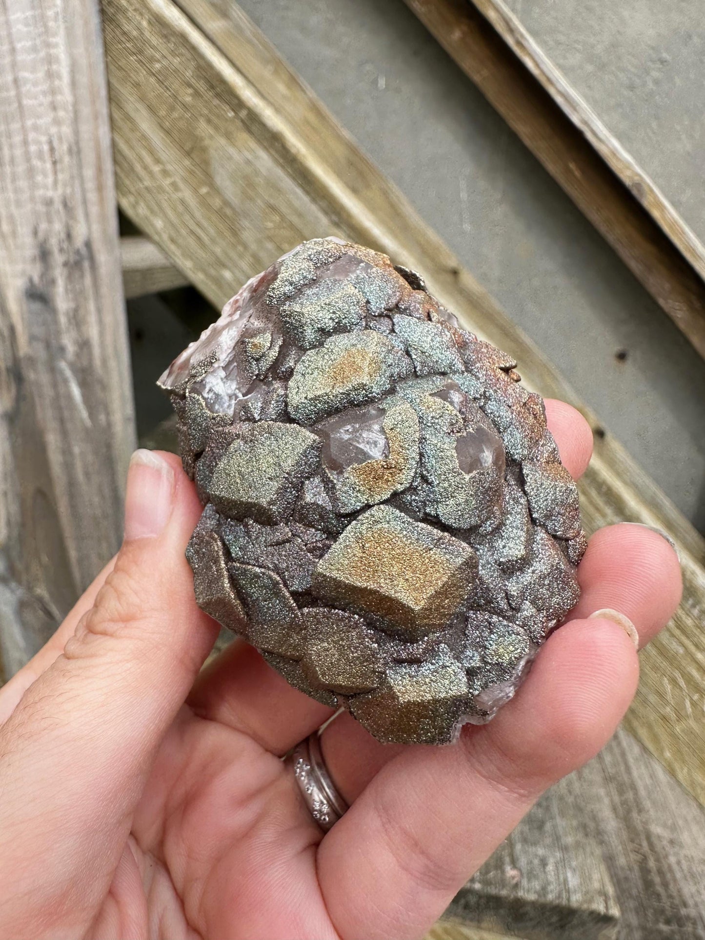 Iridescent Pyrite on Calcite from China