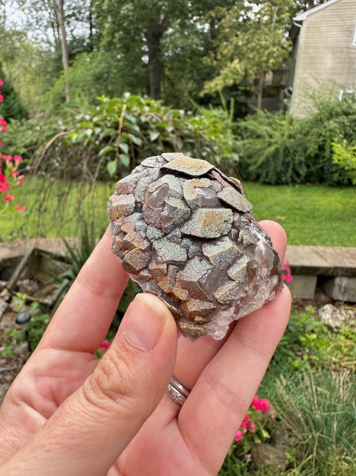 Iridescent Pyrite on Calcite from China