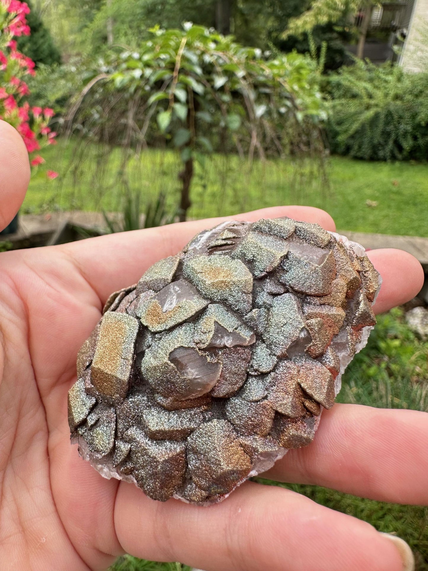 Iridescent Pyrite on Calcite from China