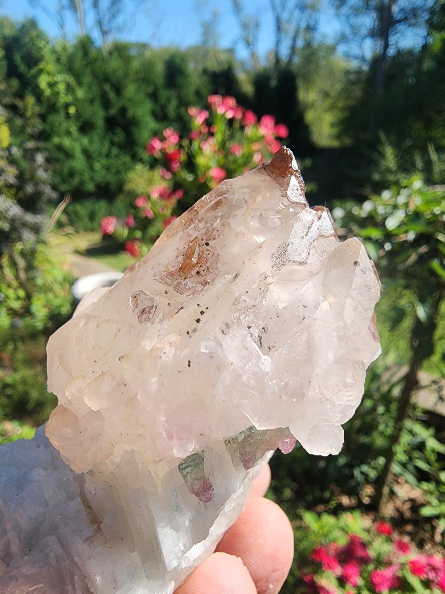 Elestial Crystallized Rose Quartz on Cleavelandite from  Minas Gerais, Brazil